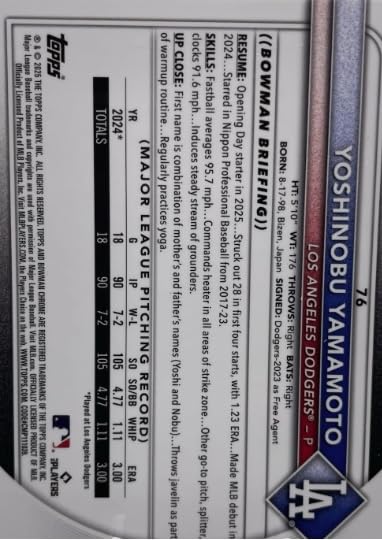 2025 Bowman Chrome Yoshinobu Yamamoto Mega Box Mojo Refractor Baseball Trading Card #76 K587007