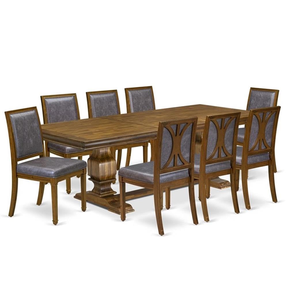 9-Piece Acacia Wood Dining Set with Removable Leaf Table and 8 Dark Grey PU Leather Chairs U44603