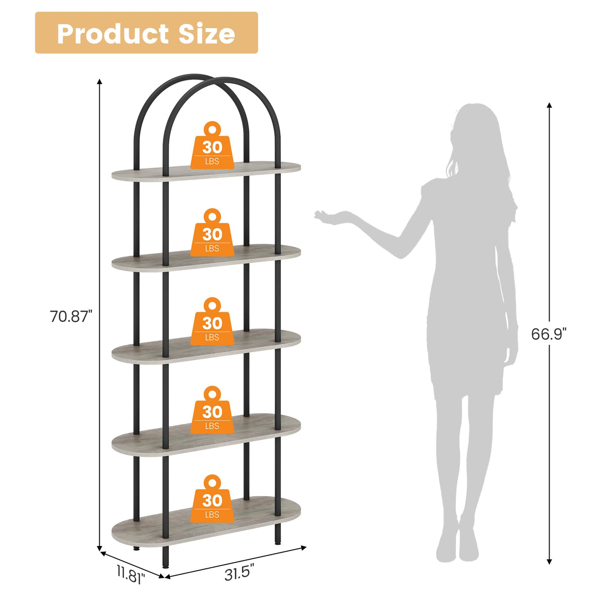 5-Tier Open Arched Bookshelf with Metal Frame Y9641