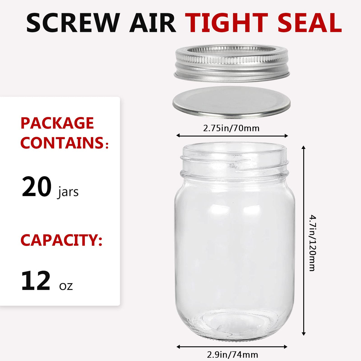 12 oz Glass Mason Jar, 20 Pack Canning Jars with Lids U156