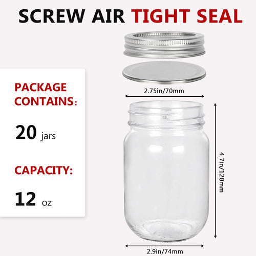 12 oz Glass Mason Jar, 20 Pack Canning Jars with Lids U156