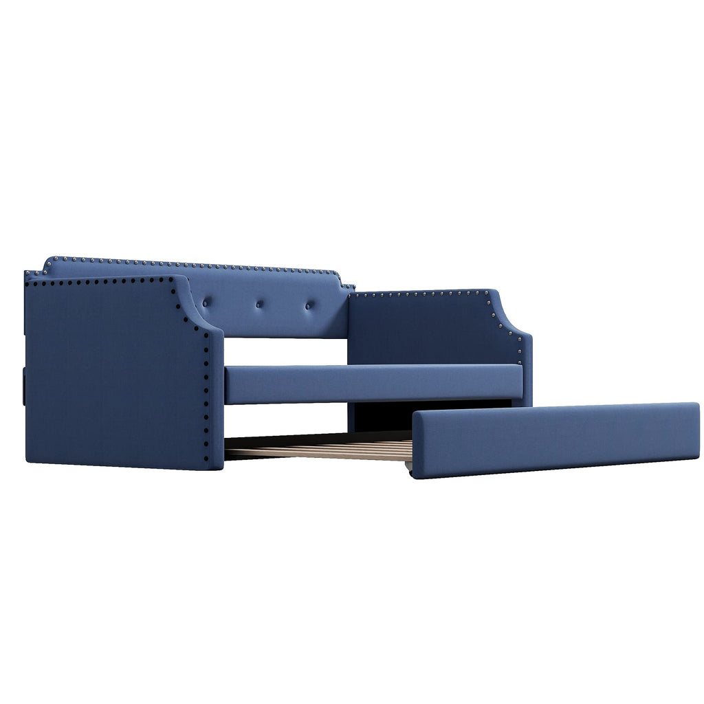 Blue Linen Upholstered Daybed with Trundle Twin Size Z259