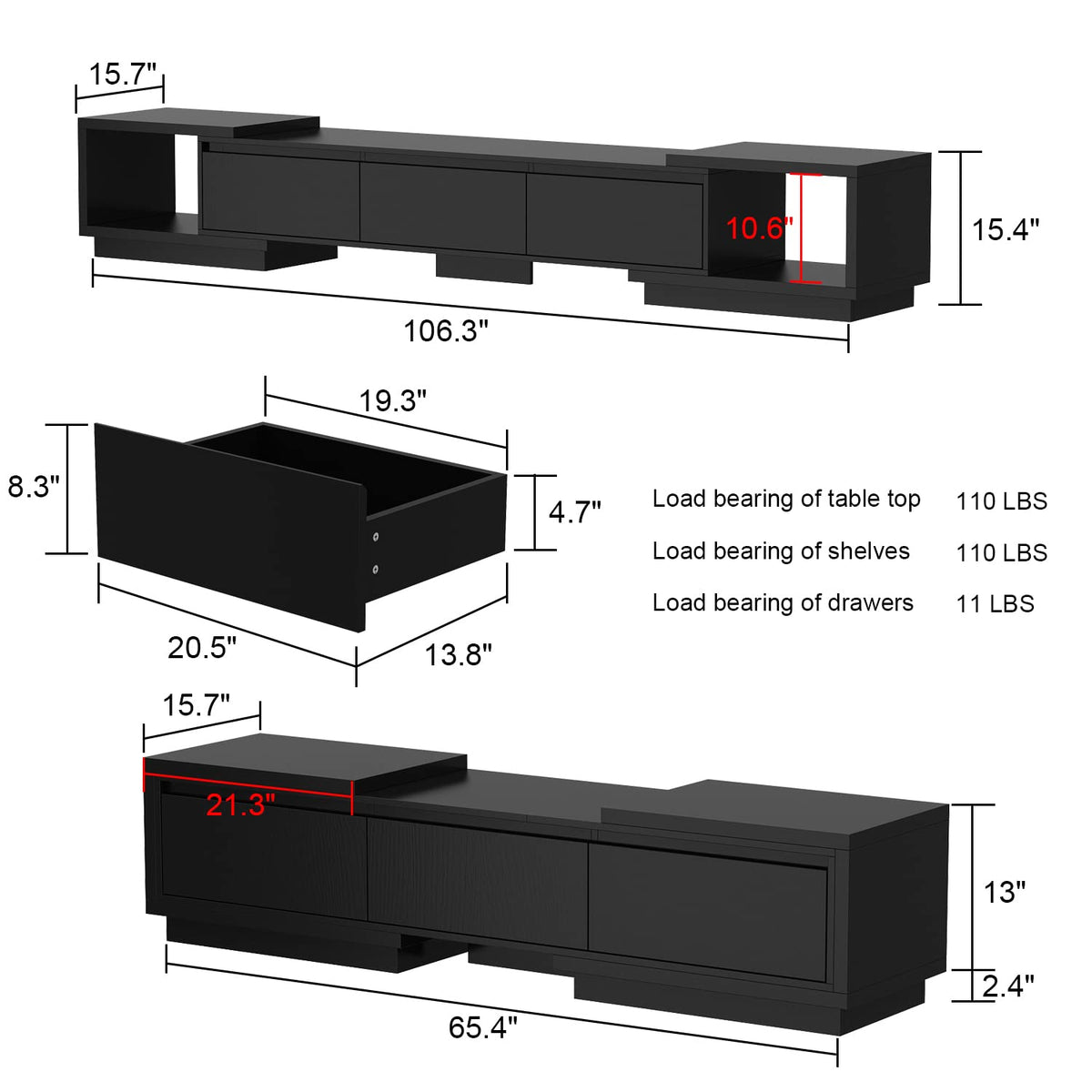 Expandable TV Stand Media Console Table with Three Drawers and Two Open Shelves V3240