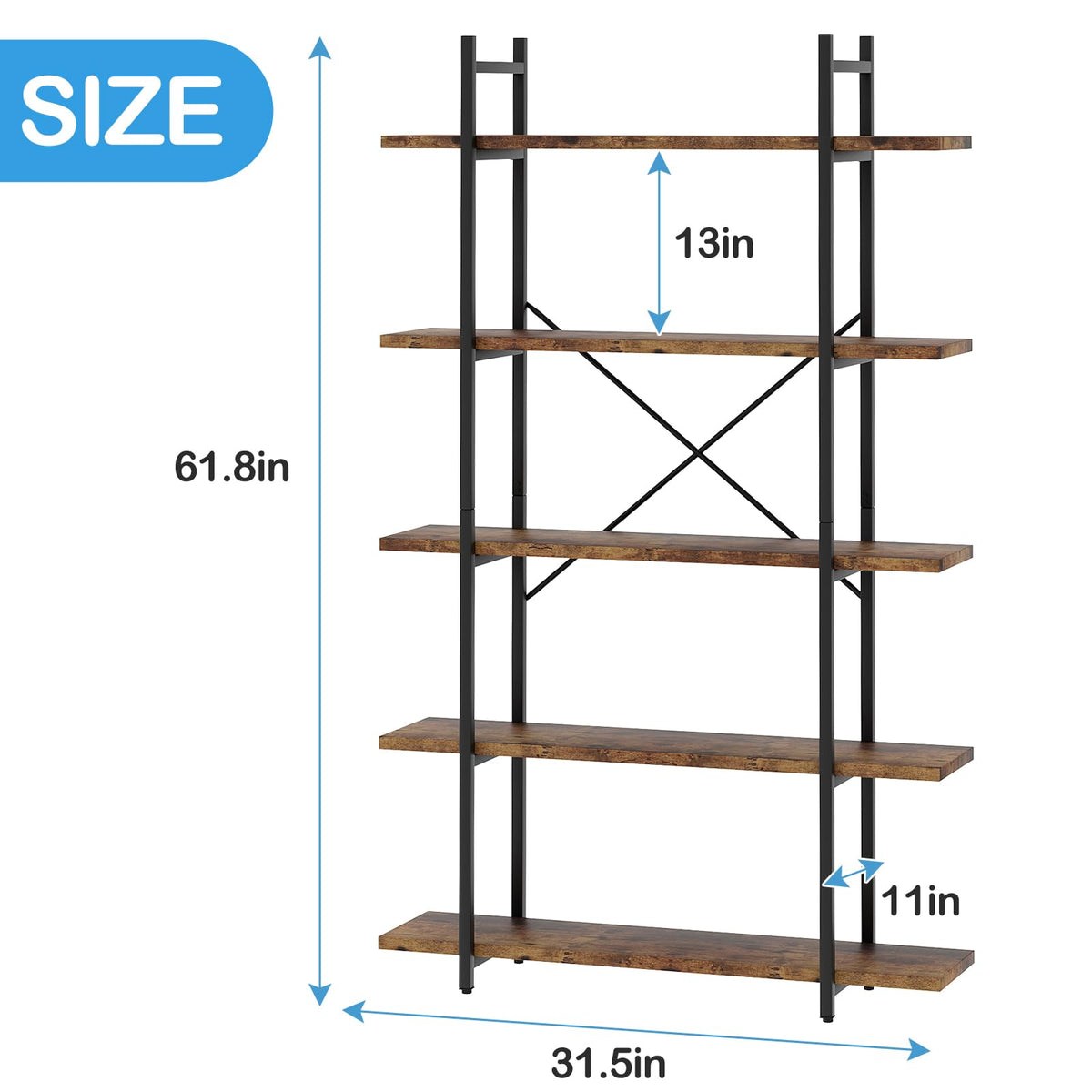 5 Tiers Rustic Brown and Metal Bookshelf H474890