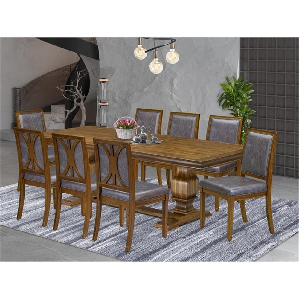 9-Piece Acacia Wood Dining Set with Removable Leaf Table and 8 Dark Grey PU Leather Chairs U44603