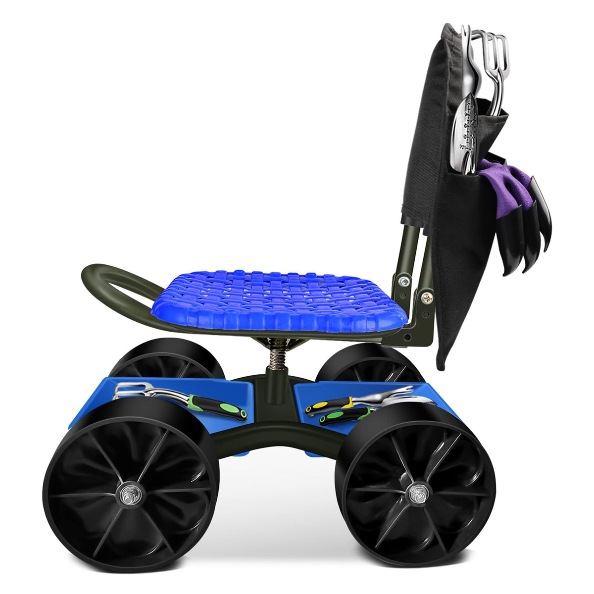 Blue Rolling Garden Cart with Four Wheels and Tool Bag Z512