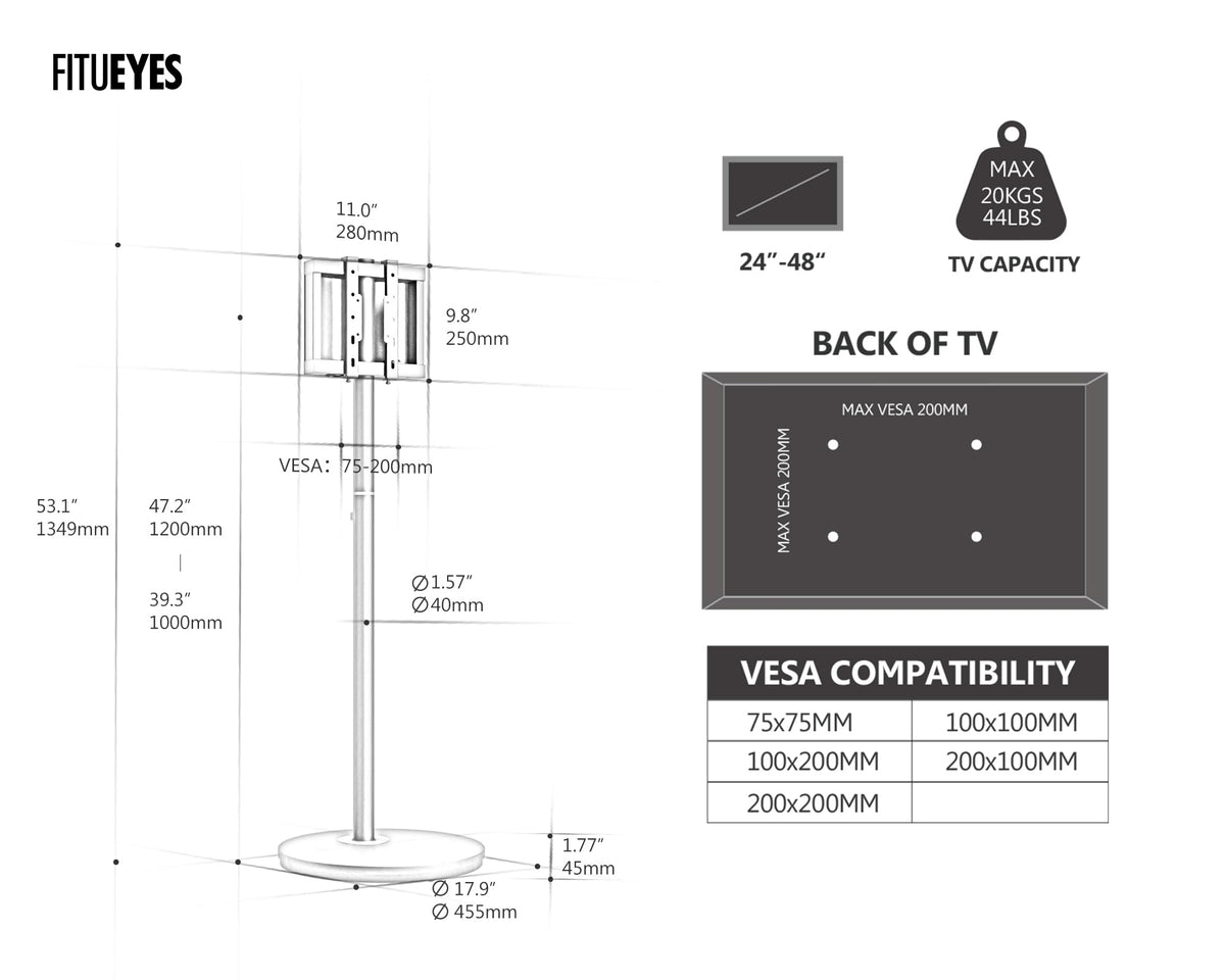 Small Rolling TV Cart for 24-48 Inch TVs, White R7238
