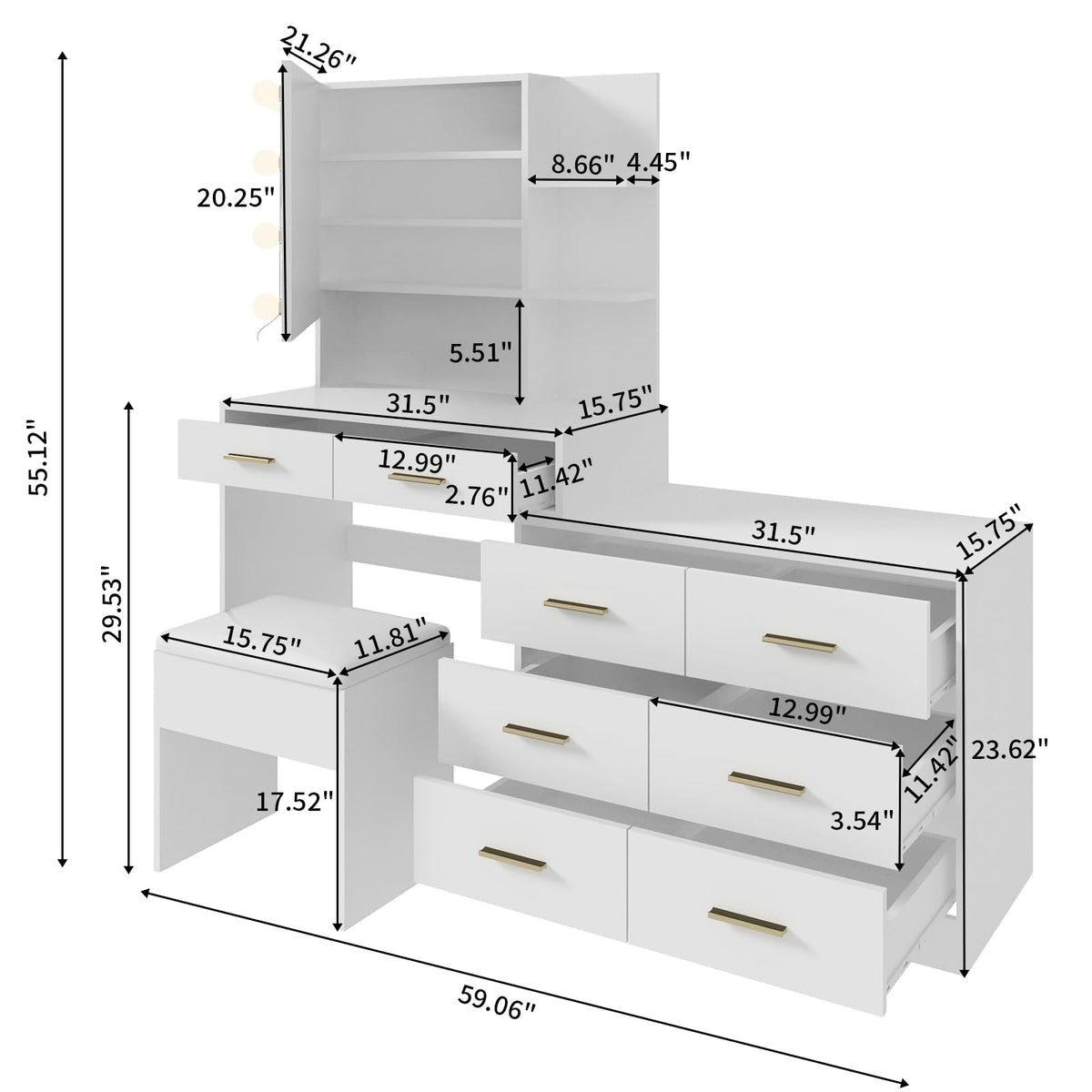 White Makeup Vanity Desk Set with 8 Drawers L268