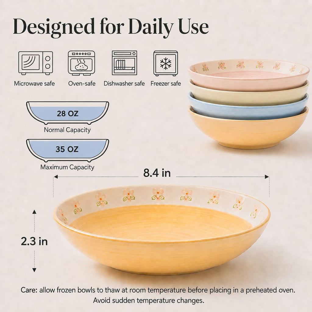Hand-Painted Floral Ceramic Pasta Bowls Set of 4 A3982