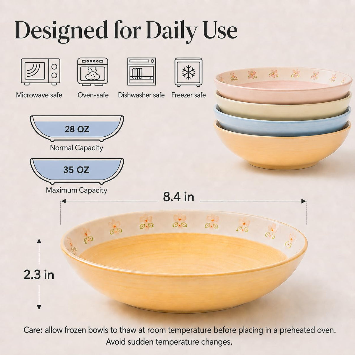 Hand-Painted Floral Ceramic Pasta Bowls Set of 4 A3982