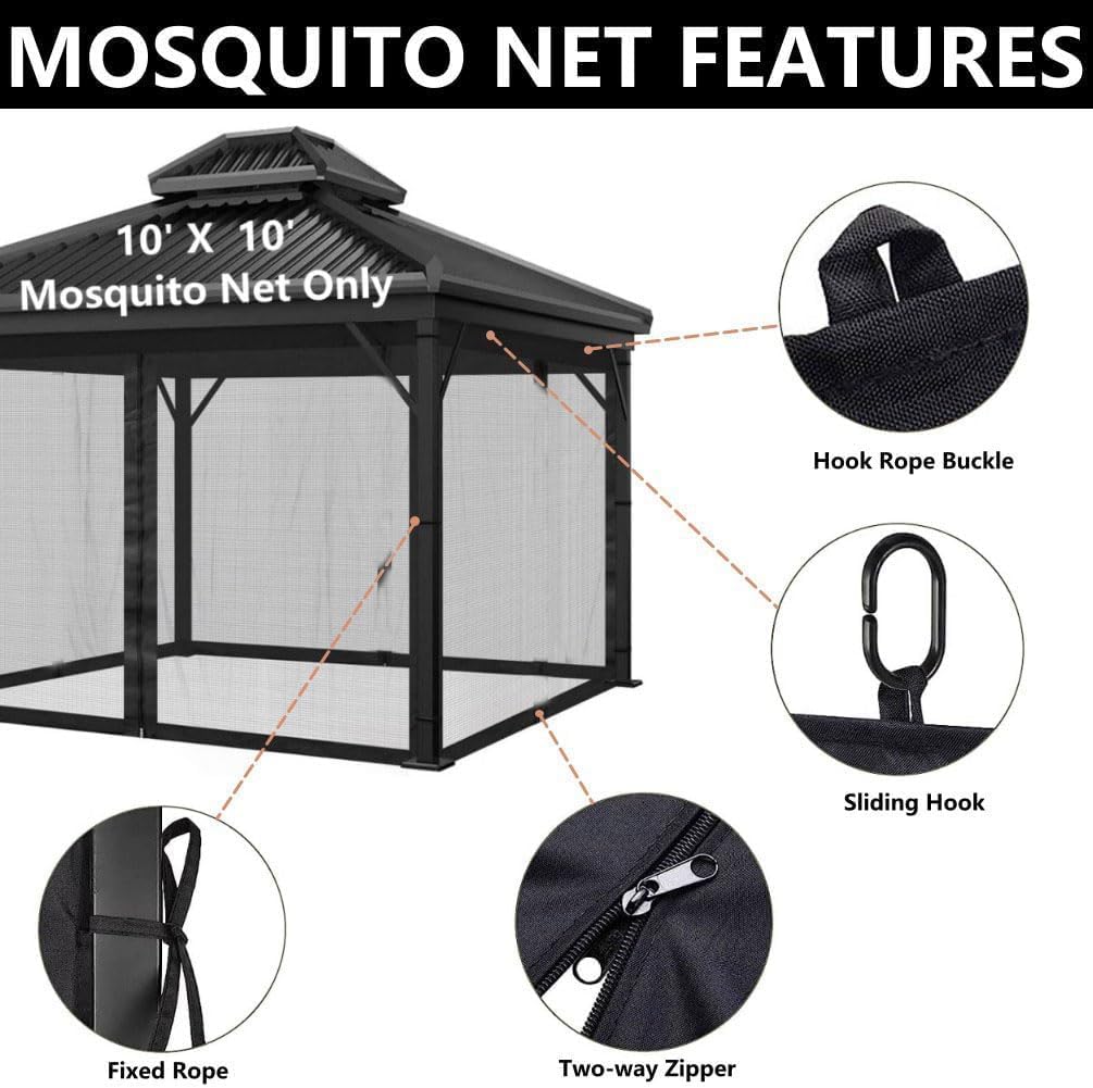 Mosquito Net 4-Panel Canopy Screen Wall with Zipper for 10 x 10' Gazebo X826