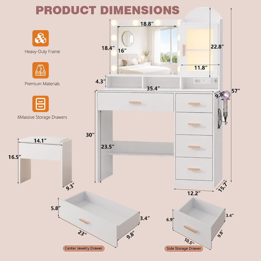 Vanity Desk with LED Lights and Mirror D32427