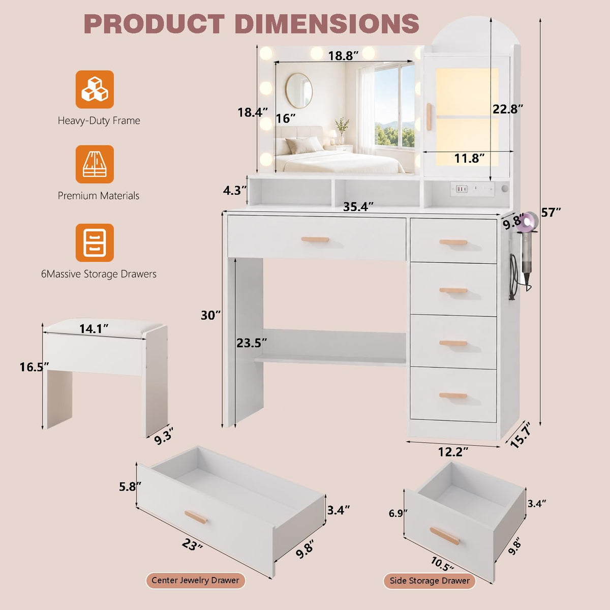 Vanity Desk with LED Lights and Mirror D32427