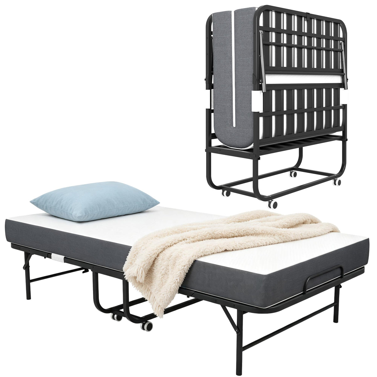 75" L x 38" W Folding Bed with Steel Frame and Memory Foam Mattress C964