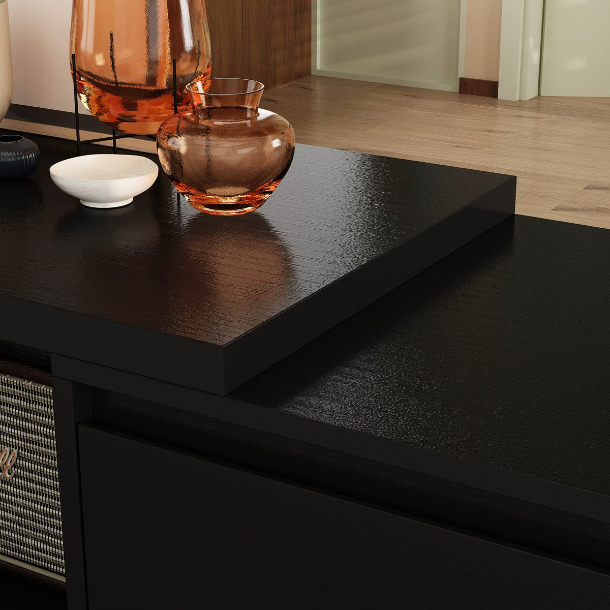 Expandable TV Stand Media Console Table with Three Drawers and Two Open Shelves V3240