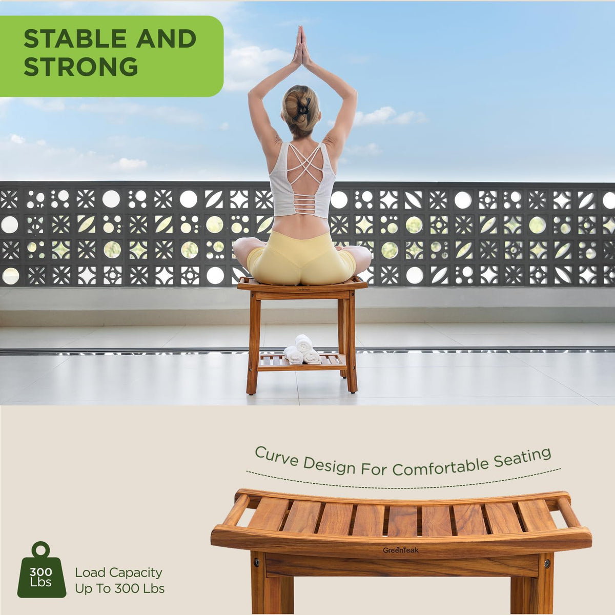 22" Teak Wood Shower Bench with Shelf & Handles C54059