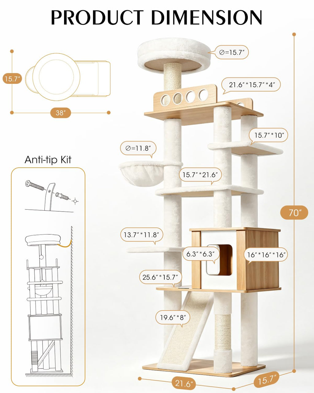 70" Wood Cat Tree for Large Cats J987