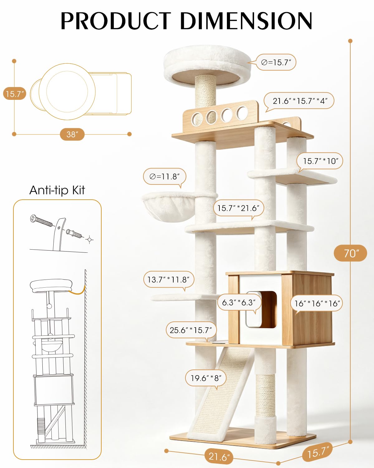 70" Wood Cat Tree for Large Cats J987