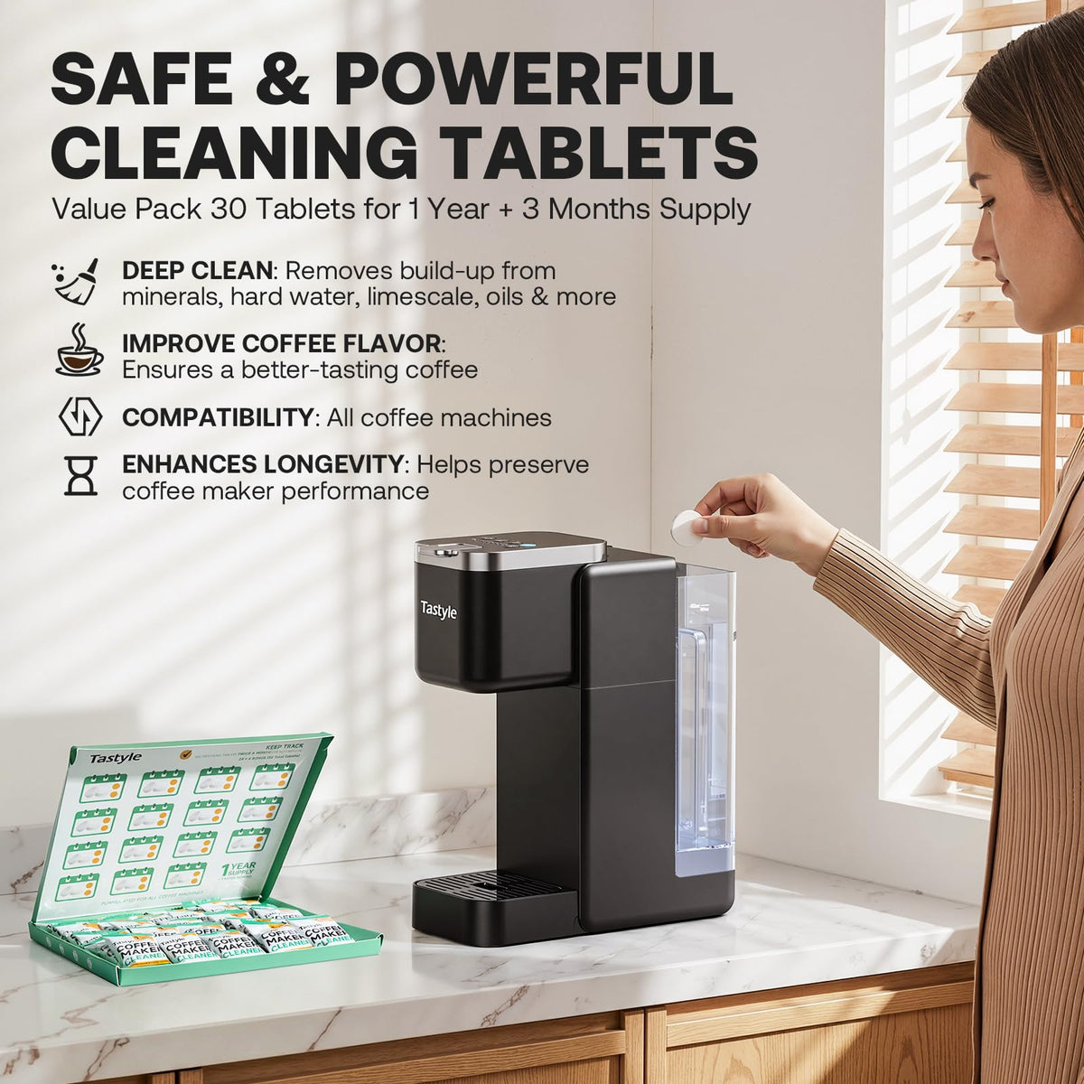 Mini Single Serve Coffee Maker with 30 Descaler Tablets V9305