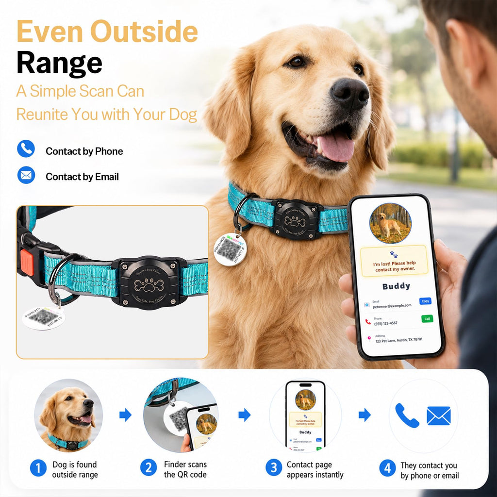 Blue IP68 Waterproof Reflective Dog Collar with AirTag Holder Y184025