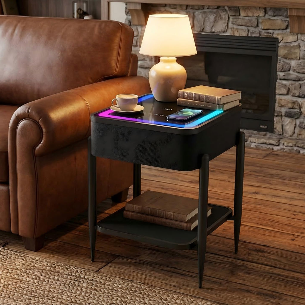 Black LED Smart Nightstand with Bluetooth Speaker & Wireless Charging S562296