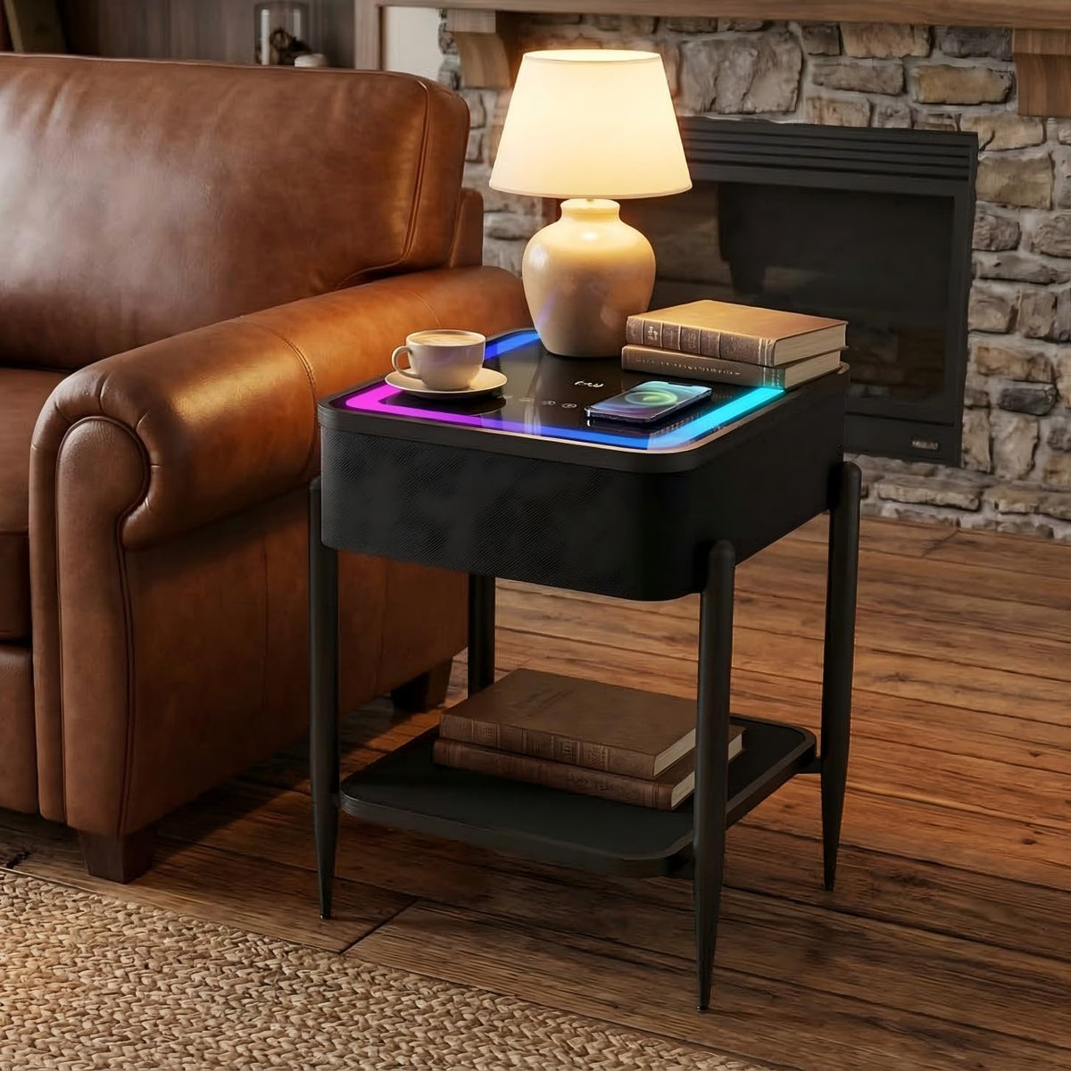 Black LED Smart Nightstand with Bluetooth Speaker & Wireless Charging S562296