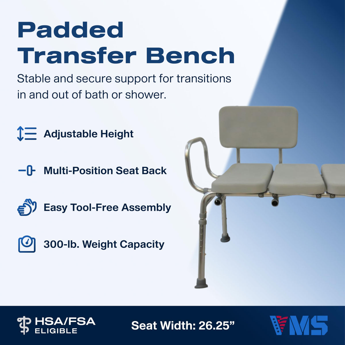 Padded Transfer Bench 300 lbs Capacity Height Adjustable L602228