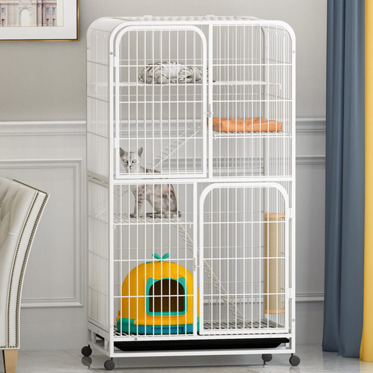 3-Tier Metal Wire Cat Cage with Hammock and Casters S23793