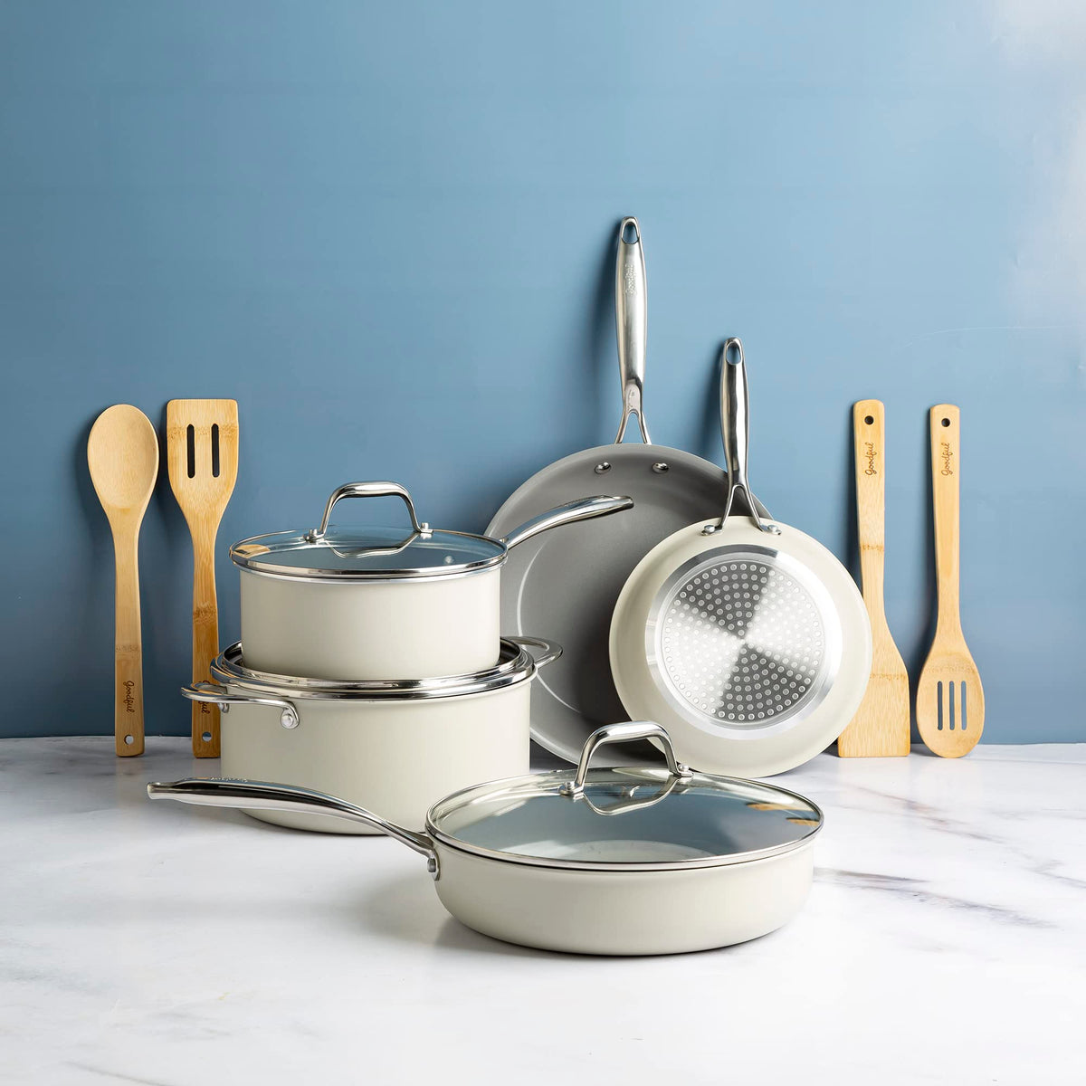 Ceramic Nonstick Pots and Pans Set 12-Piece Cream Q97419