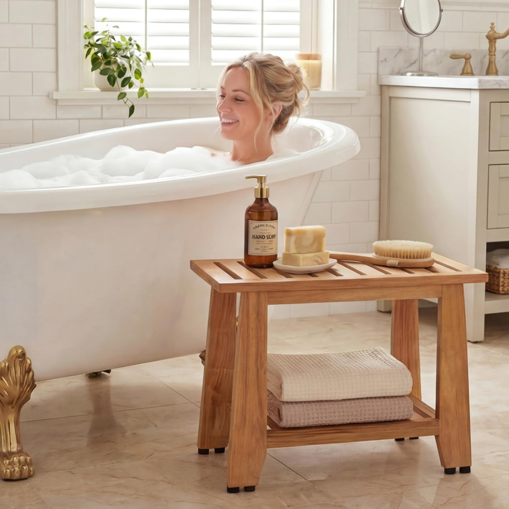 24'' Heavy Duty Teak Wood Shower Bench with Storage Shelf I9566