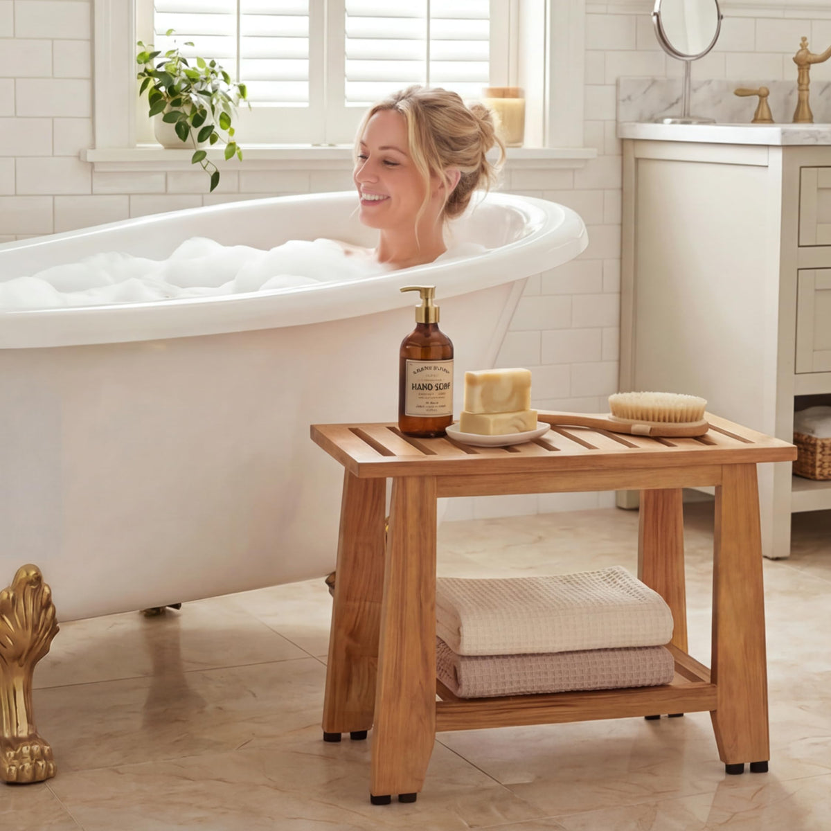 24'' Heavy Duty Teak Wood Shower Bench with Storage Shelf I9566