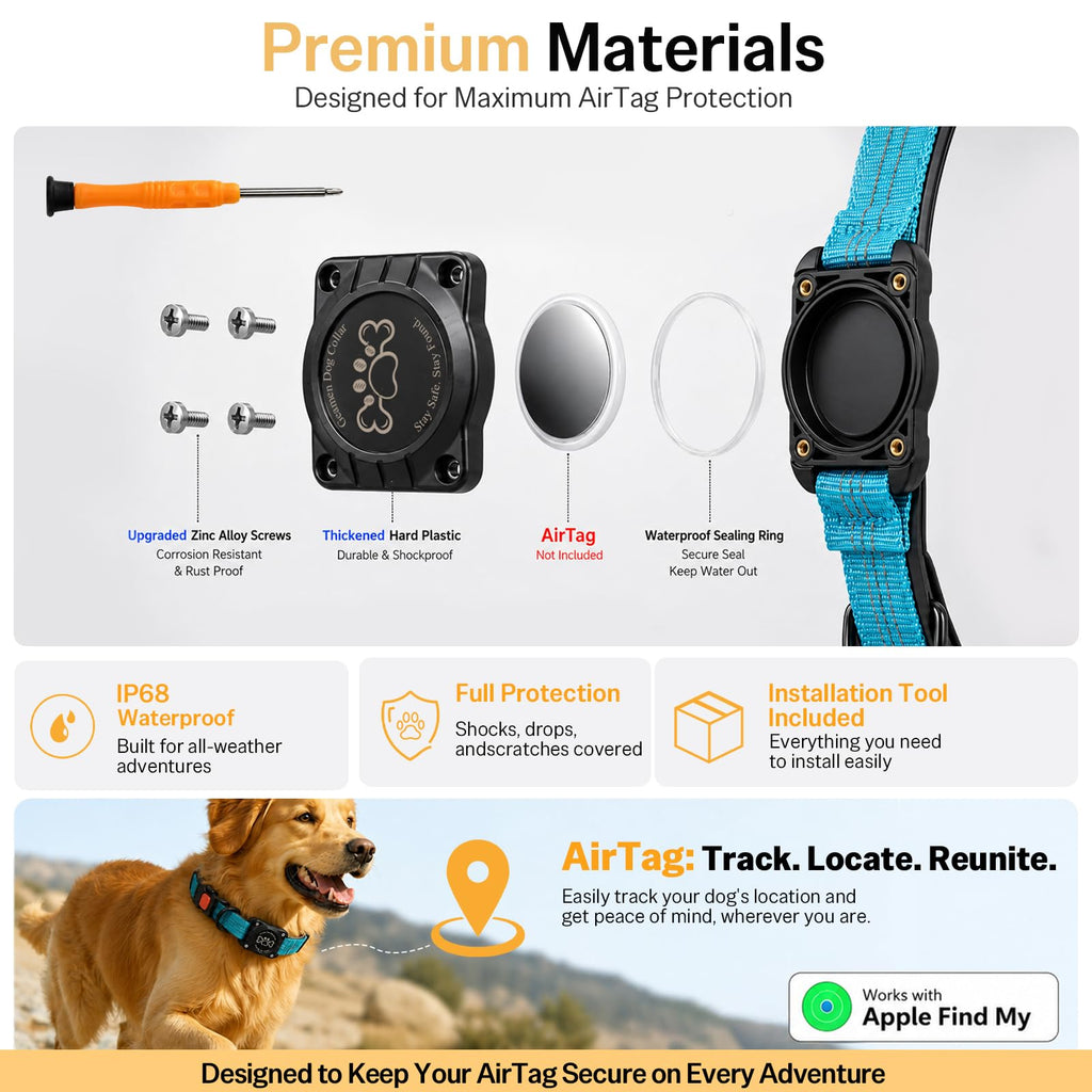 Blue IP68 Waterproof Reflective Dog Collar with AirTag Holder Y184025