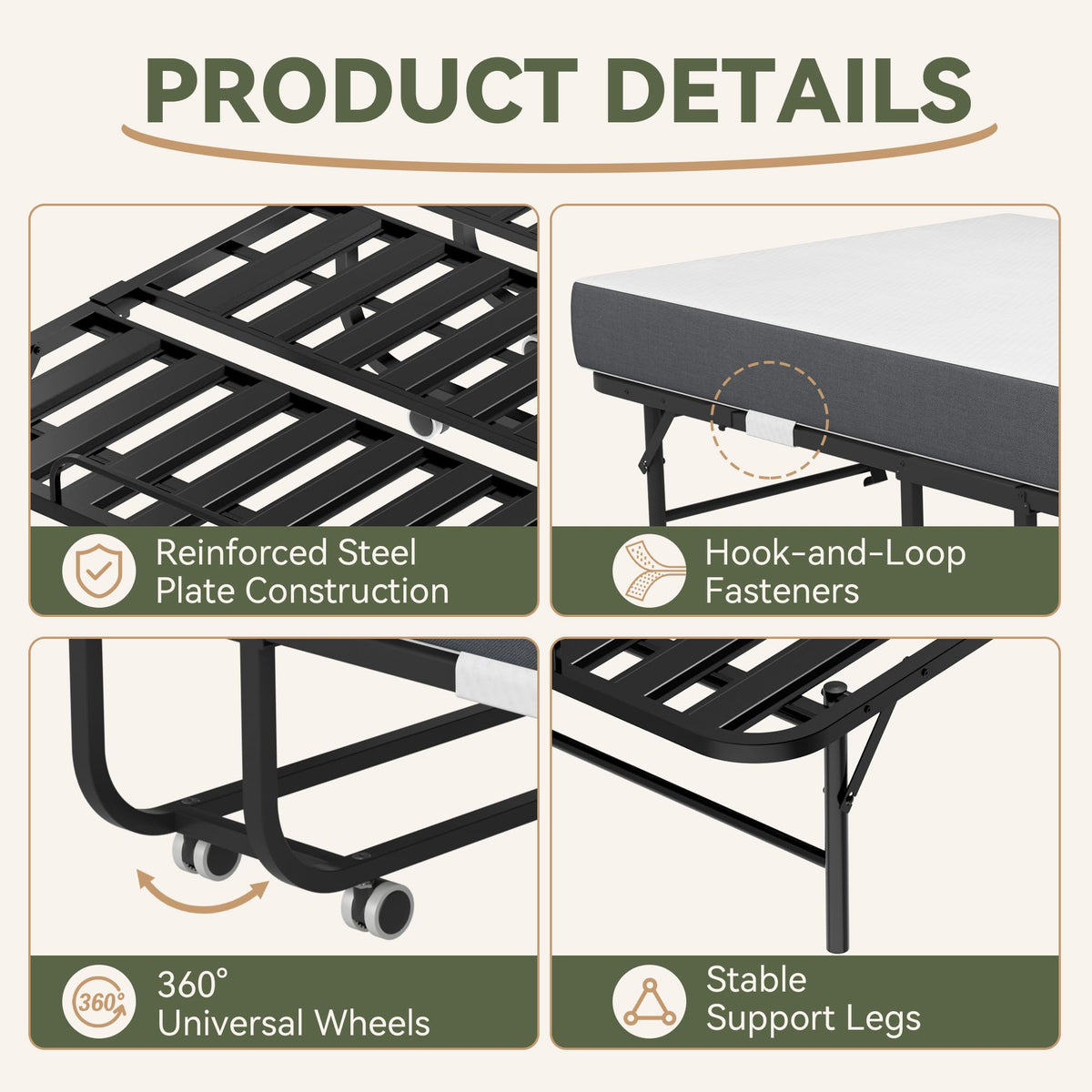 75" L x 38" W Folding Bed with Steel Frame and Memory Foam Mattress C964
