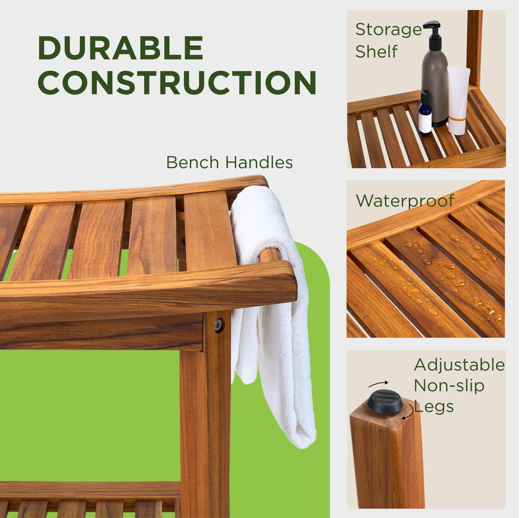 22" Teak Wood Shower Bench with Shelf & Handles C54059