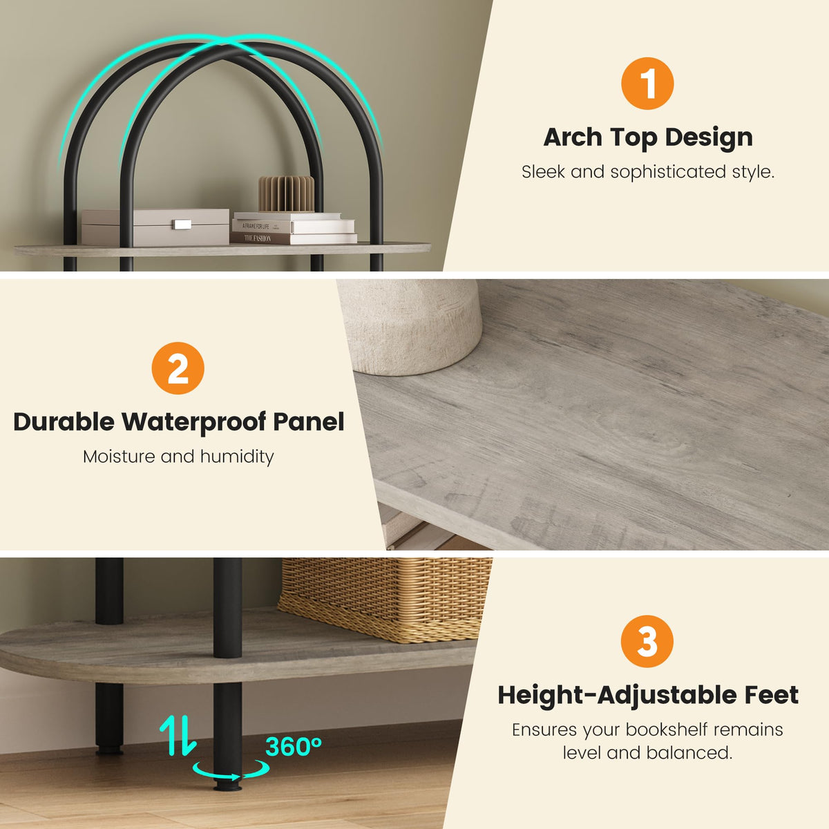 5-Tier Open Arched Bookshelf with Metal Frame Y9641