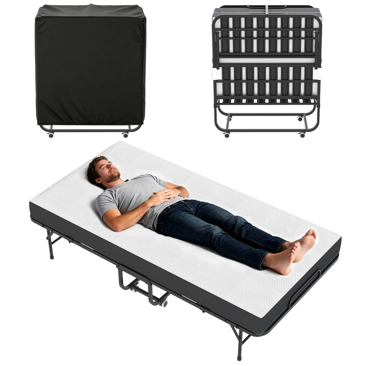 75" L x 38" W Folding Bed with Steel Frame and Memory Foam Mattress C964
