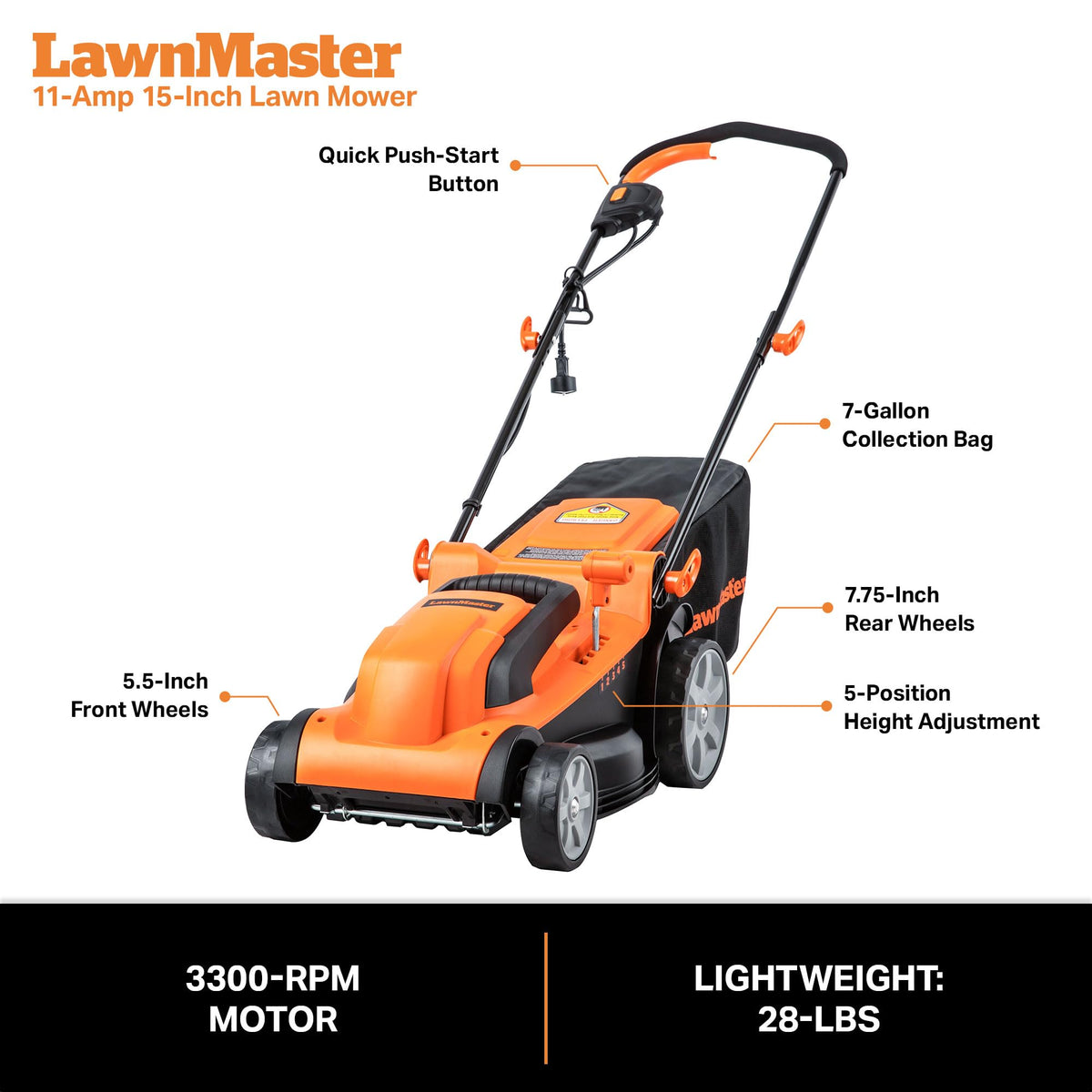 Electric Corded Lawn Mower 15-Inch 11AMP Y684