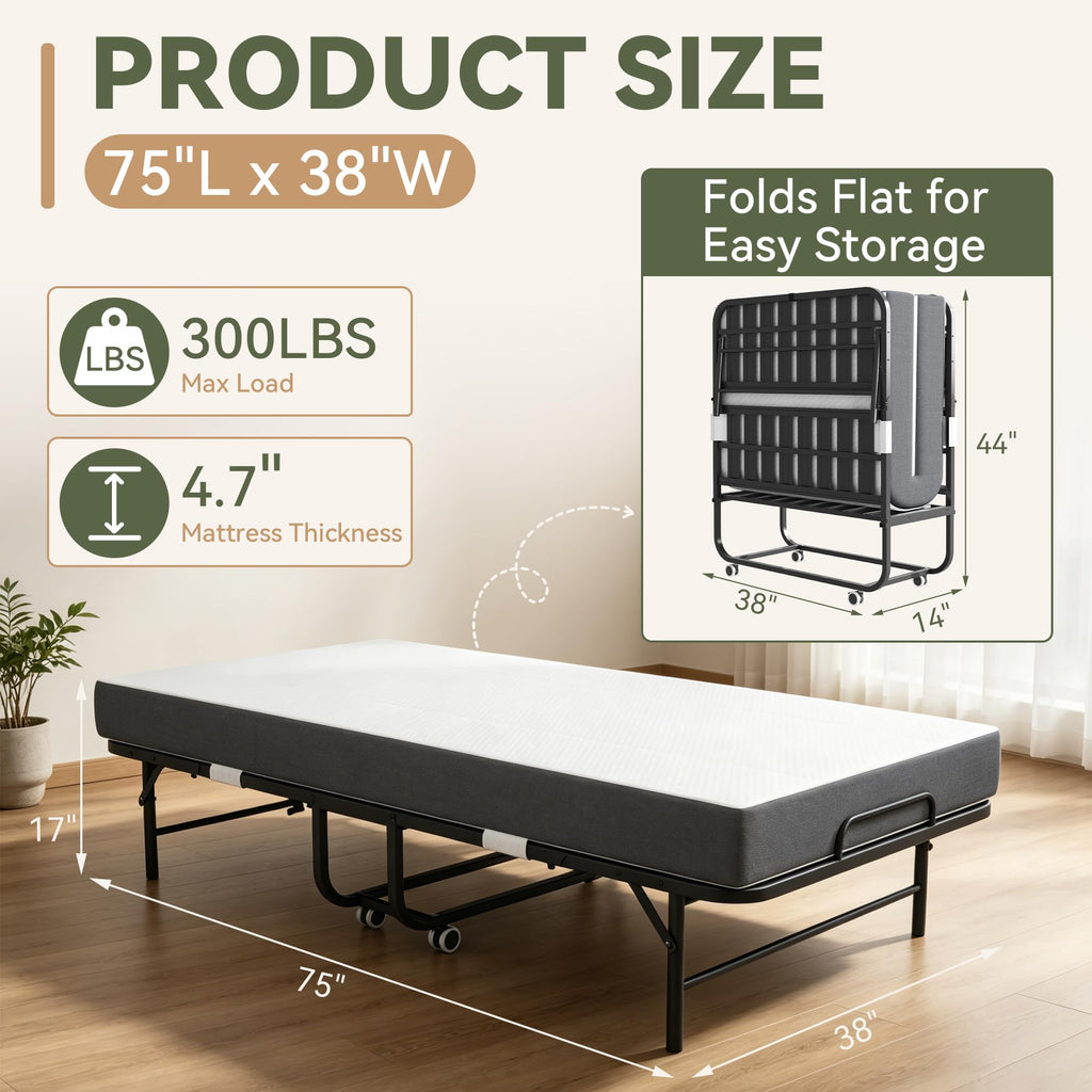 75" L x 38" W Folding Bed with Steel Frame and Memory Foam Mattress C964