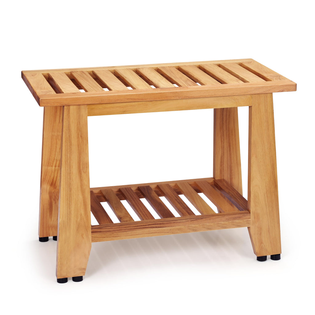 24'' Heavy Duty Teak Wood Shower Bench with Storage Shelf I9566