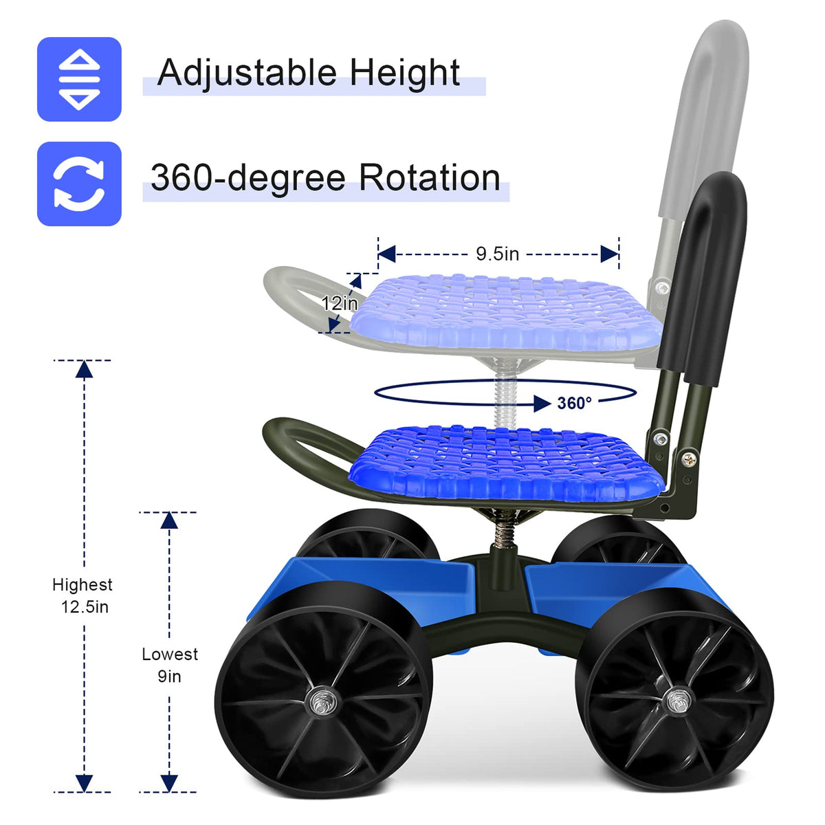 Blue Rolling Garden Cart with Four Wheels and Tool Bag Z512