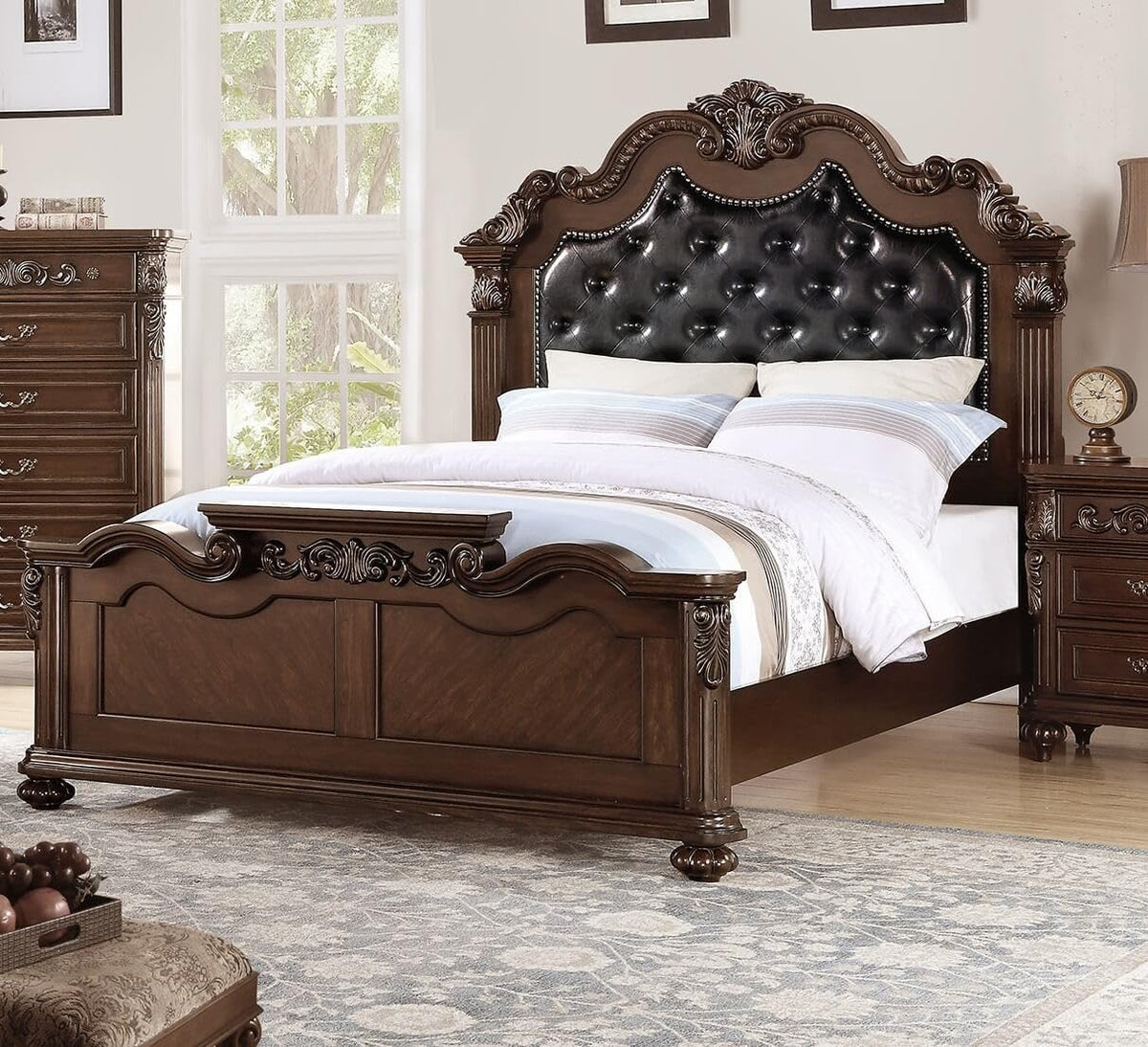 California King Faux Leather Tufted Cherry Wood Sleigh Bed Frame M8682