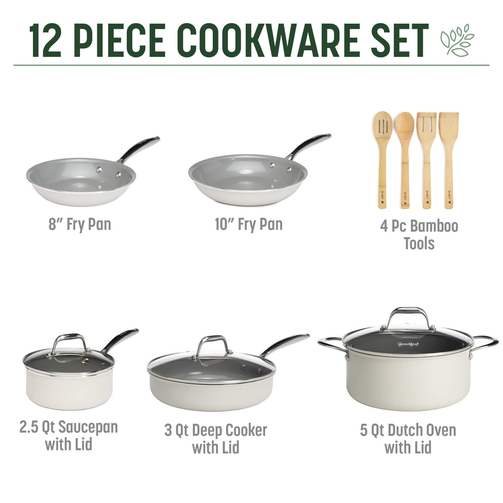 Ceramic Nonstick Pots and Pans Set 12-Piece Cream Q97419