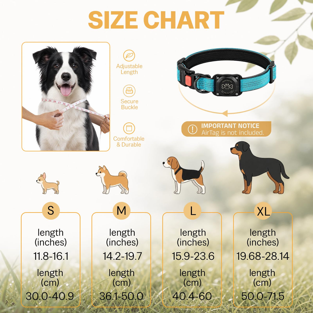Blue IP68 Waterproof Reflective Dog Collar with AirTag Holder Y184025