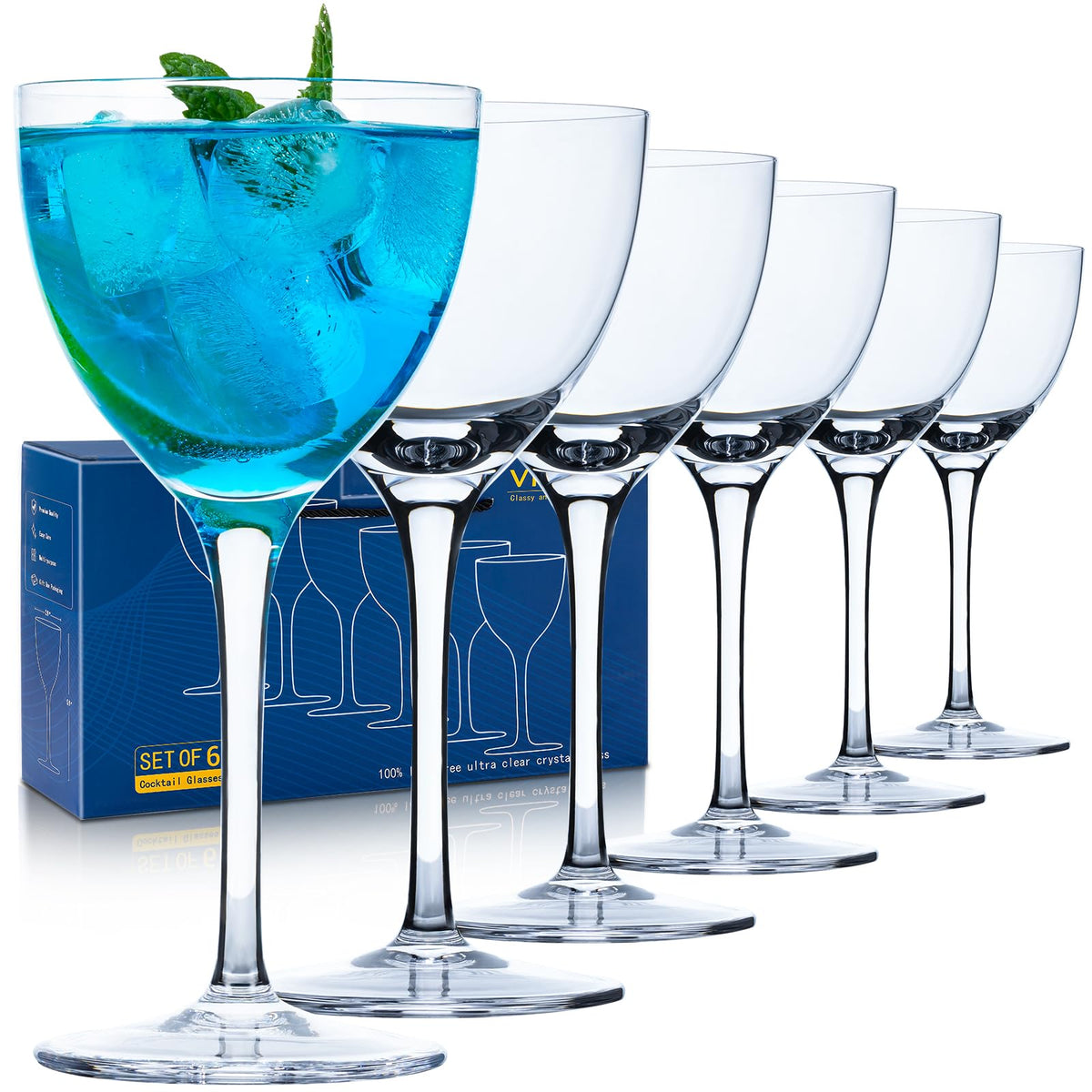 6oz Hand Blown Lead-Free Crystal Martini Glasses Set of 6 I74577