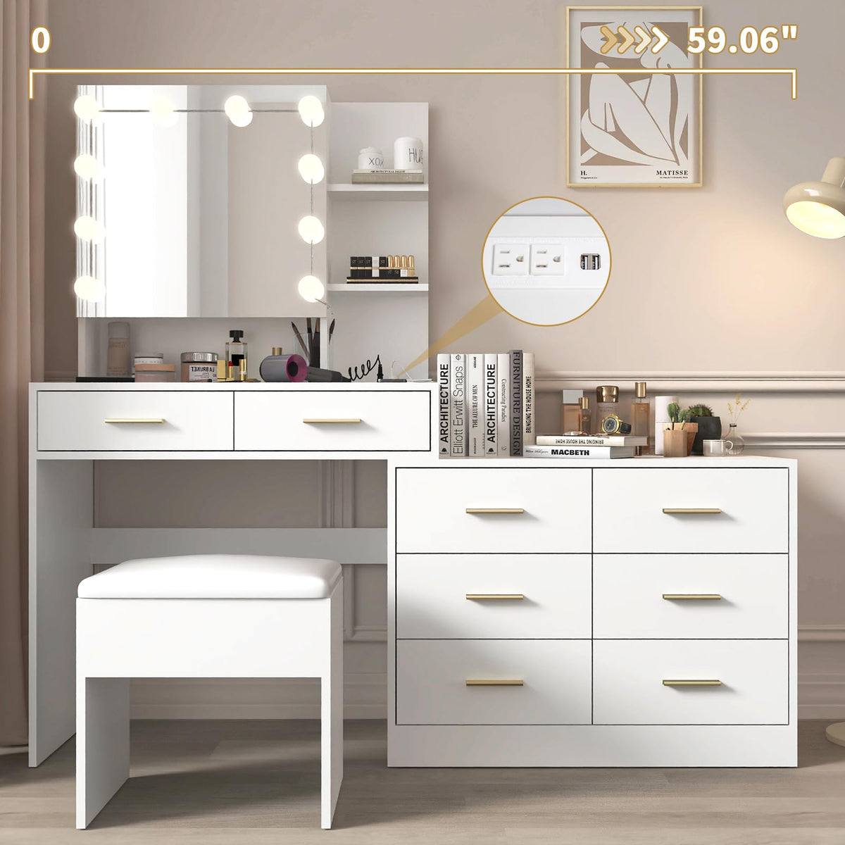 White Makeup Vanity Desk Set with 8 Drawers L268