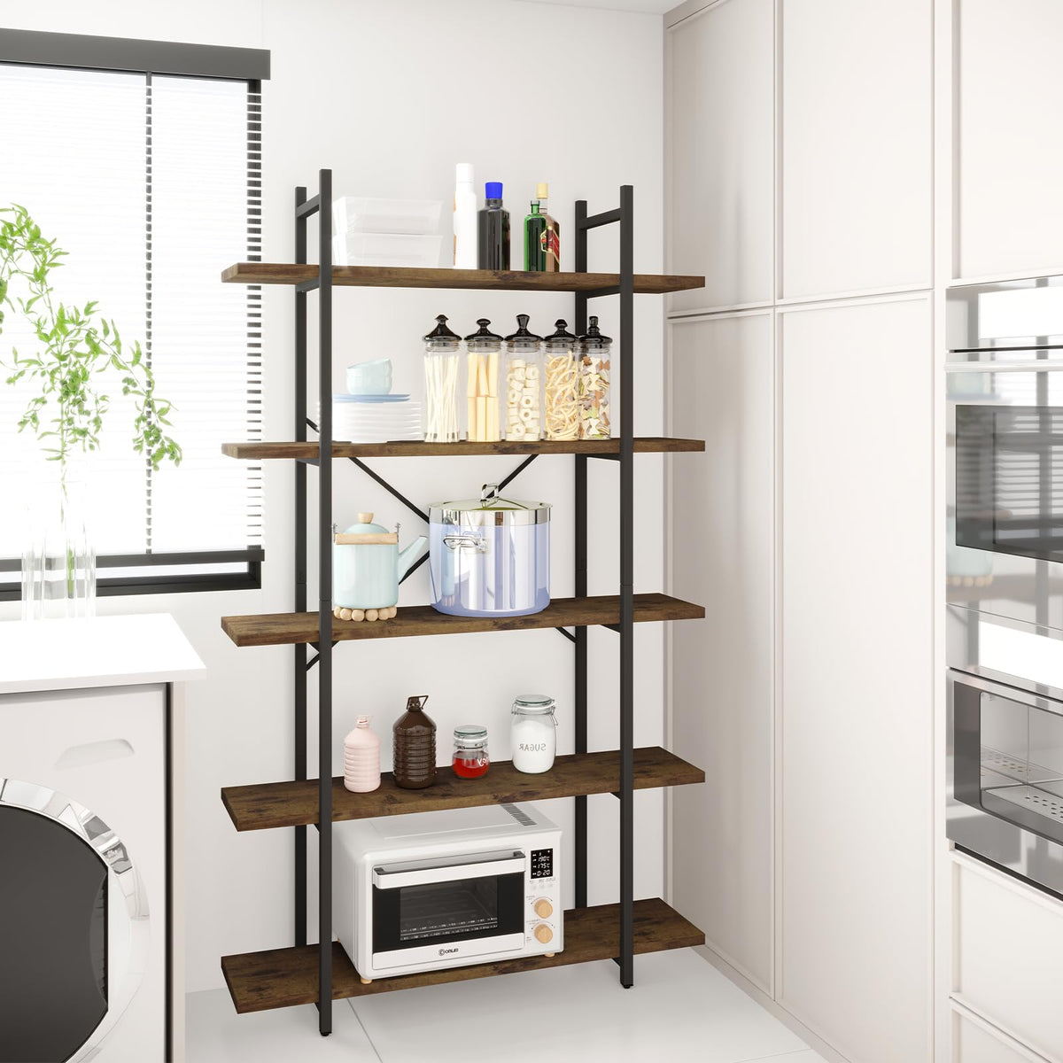 5 Tiers Rustic Brown and Metal Bookshelf H474890