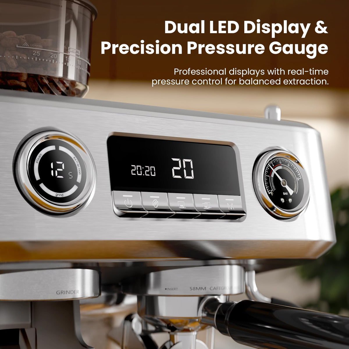 20 Bar Dual Boiler Espresso Machine with Grinder & Milk Steamer V469