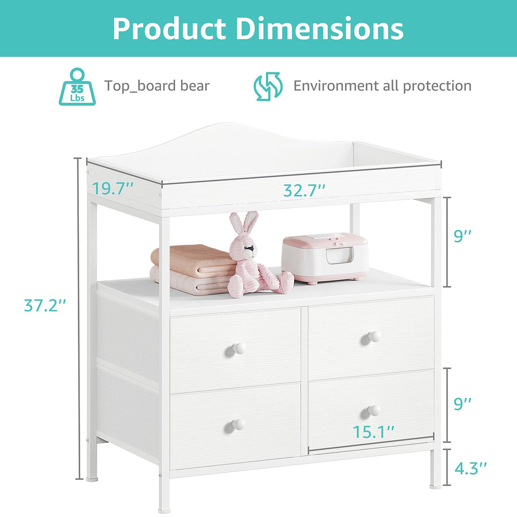 White Changing Table Dresser with 4 Fabric Drawers and Open Shelf X3576
