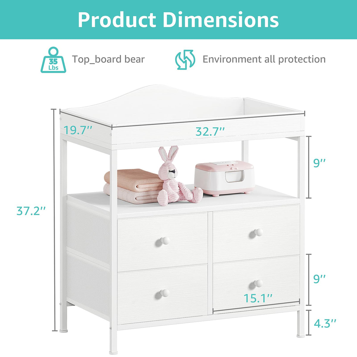 White Changing Table Dresser with 4 Fabric Drawers and Open Shelf X3576