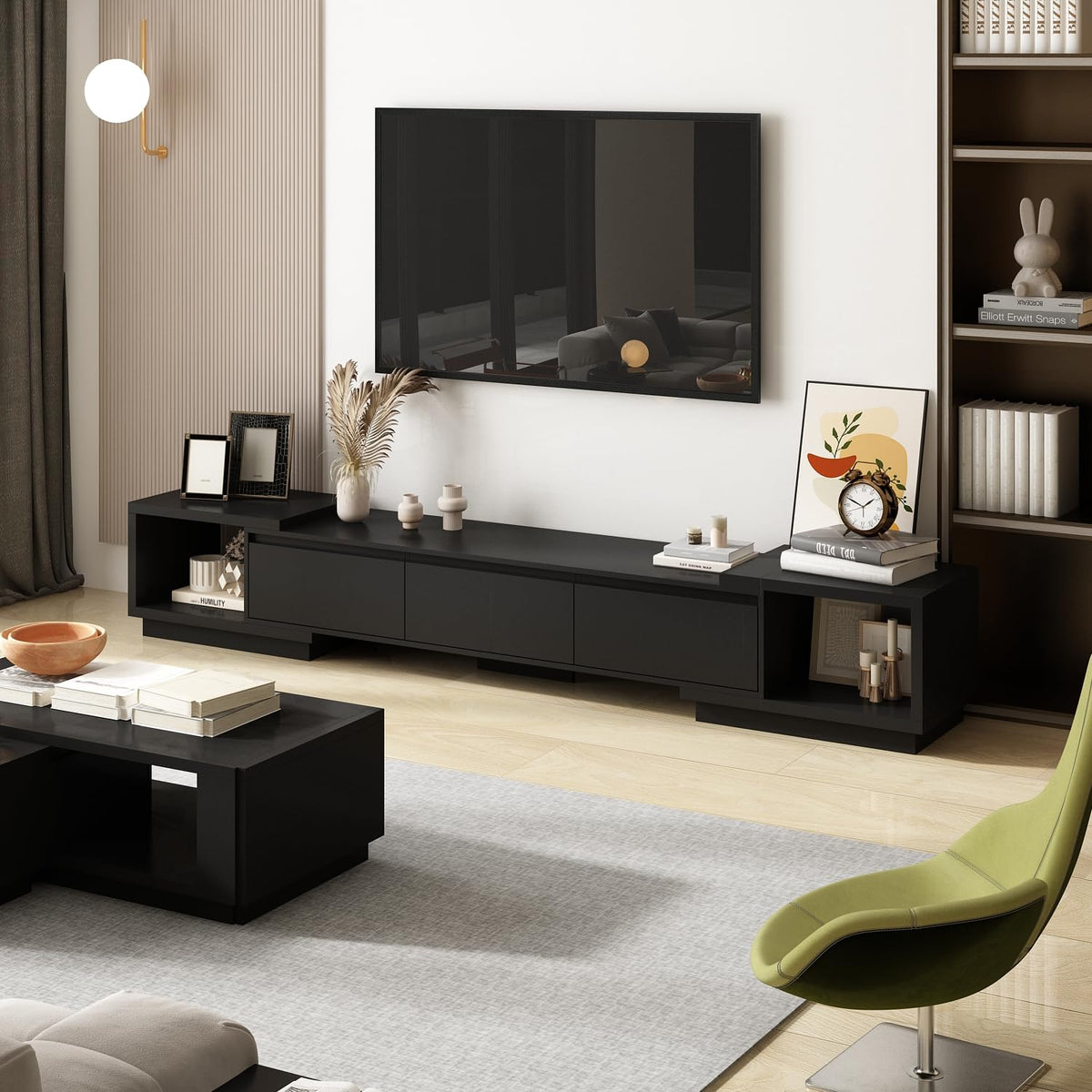 Expandable TV Stand Media Console Table with Three Drawers and Two Open Shelves V3240
